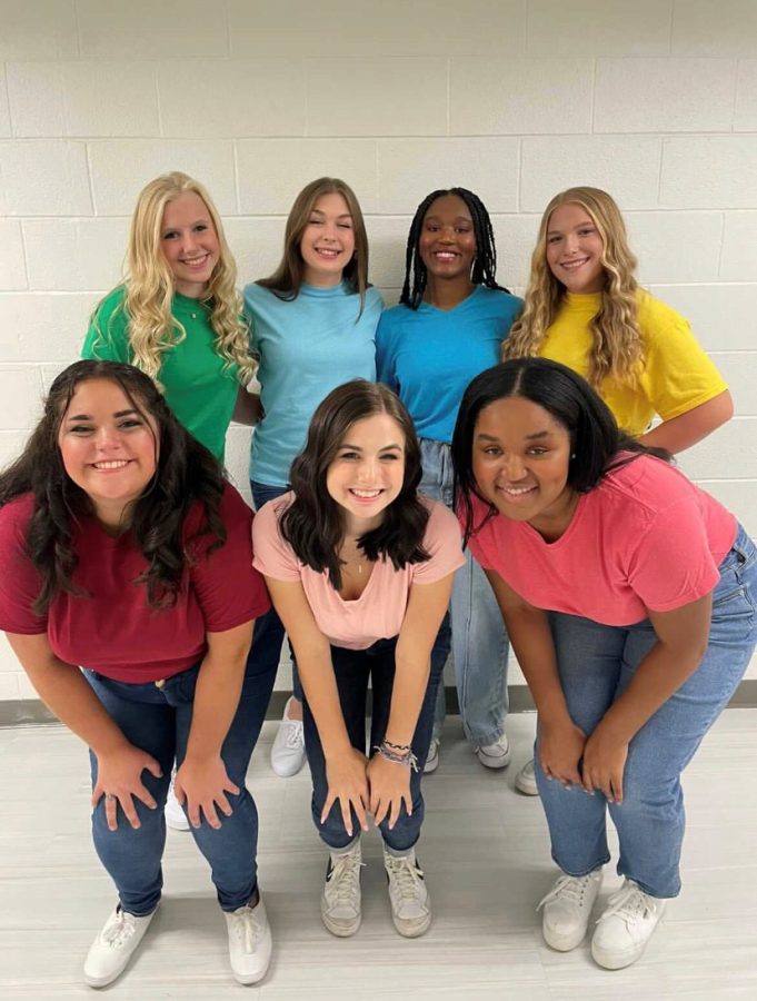 KHS students Molly Henderson (red), Maddie Duncan (green), Abby Double (light blue) and Rilyn Wonnell (yellow) participated in the Distinguished Young Women's scholarship program in early September.
