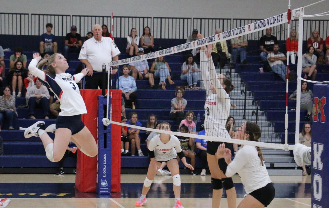 Junior Regan McClain slams the ball over the net in a match against North Miami. The VolleyKats won the match, 3-0.