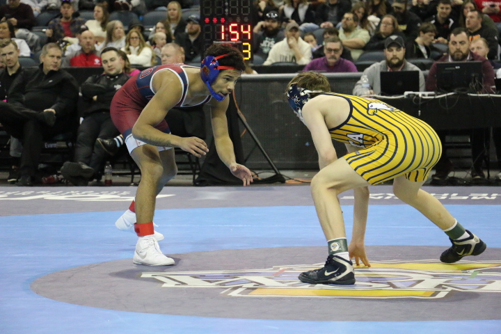 Senior Jalen Sawyer-May competes at the IHSAA state finals in Evansville, IN on Saturday, Feb. 17. Sawyer-Mat finished in 4th place in the 113lb. weight class.
