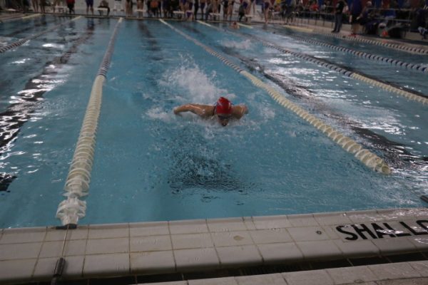 Junior Aubrey Simmons competes in a home swim meet. Simmons qualified for the state meet this season, finishing 4th in the 100 meter backstroke and 7th in the 50 meter freestyle. She set new school records in both events. 