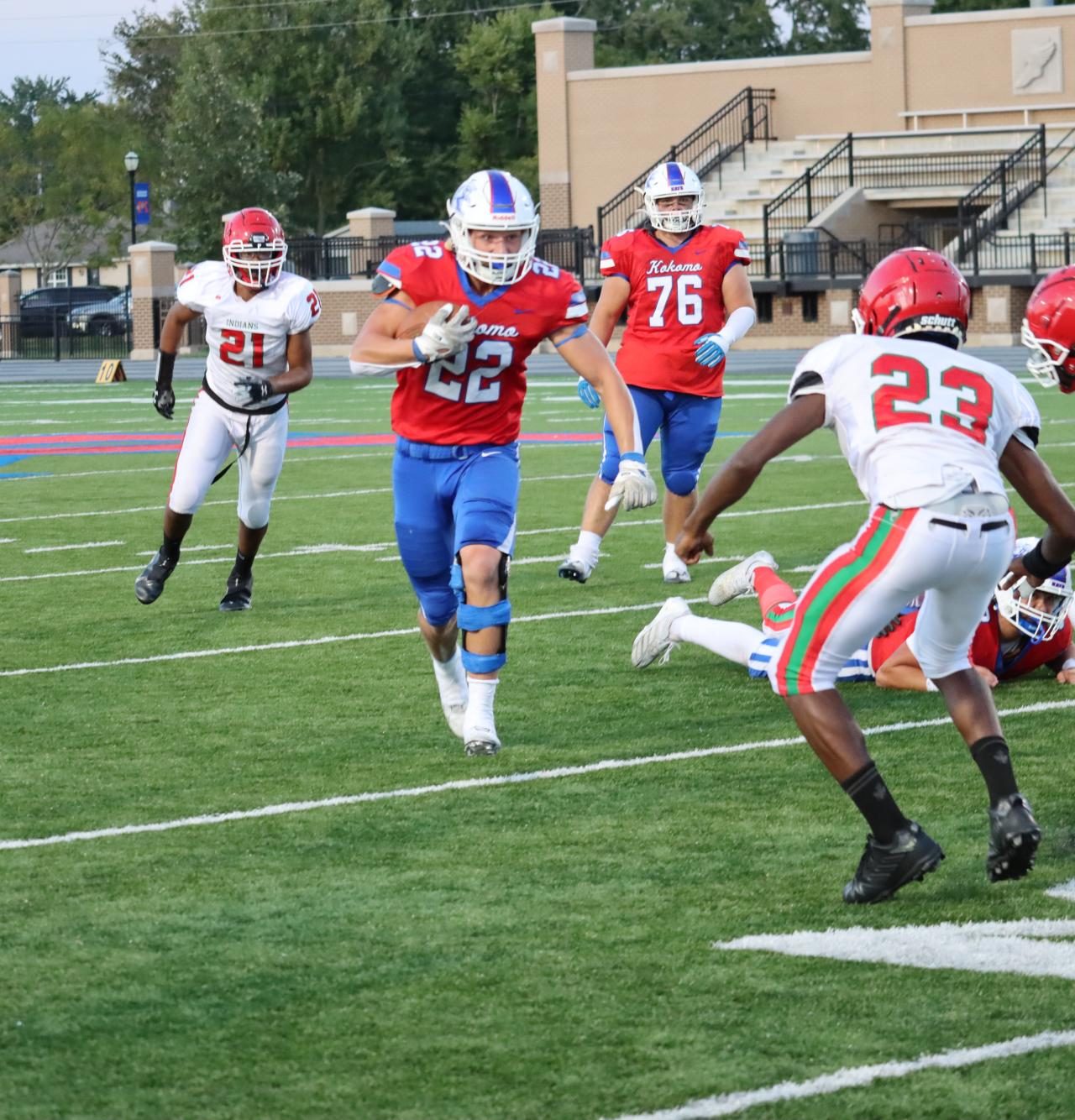 Senior Brixton Morris carries the ball toward the end zone in the Kats' win over the Anderson Indians. 